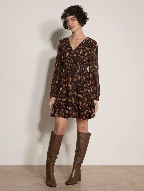 Chiffon Ruffle Paisley Mini Dress, Black, large