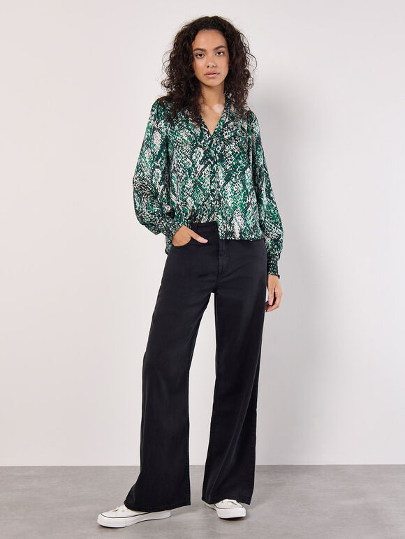 Snakeskin Hammered Satin Blouse, Green, large