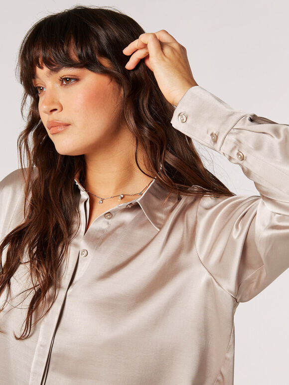 Oversized Satin Shirt, Stone, large