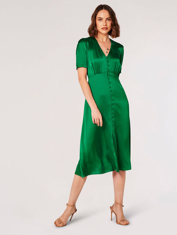 Robe midi boutonnée en satin, Vert, grand