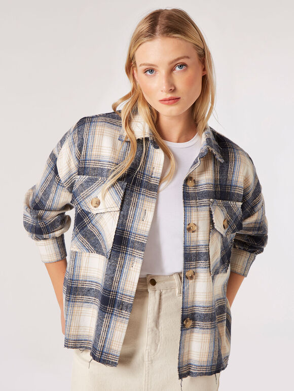 Raw Edge Check Shacket, Navy, large