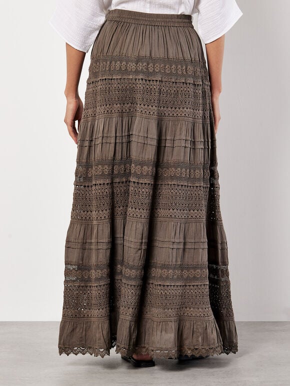 Cotton Crochet Lace Tiered Maxi Skirt, Khaki, large