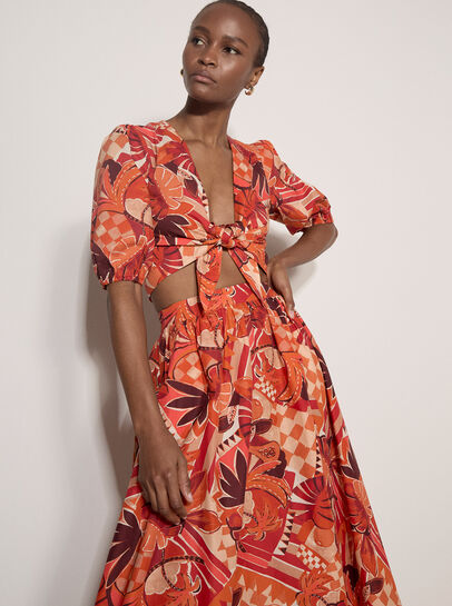 Tropical Leaf Patchwork Tie Front Top