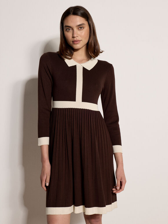 Colour Block Retro Knit Mini Dress, Brown, large