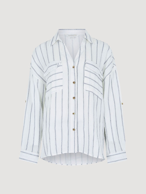 Cotton Stripe Boxy Shirt, White, large