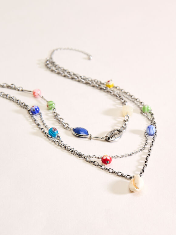 Silver Tone Multi Stone Layered Necklace, Silver, large