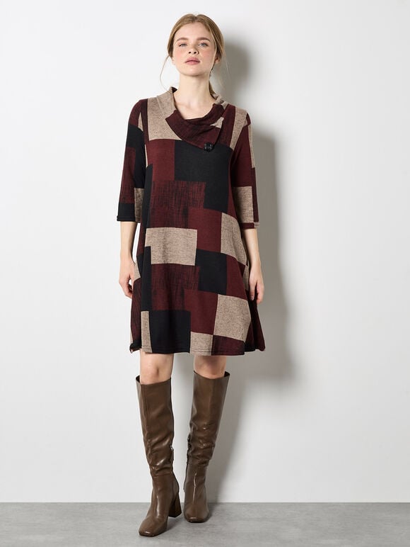 Colour Block Swing Mini Dress, Burgundy, large