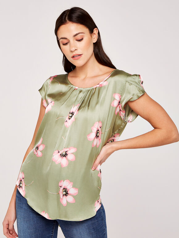 Large Flower Satin Tulip Top, Mint, large