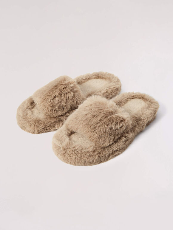 Open Toe Fluffy Slippers, Brown, large