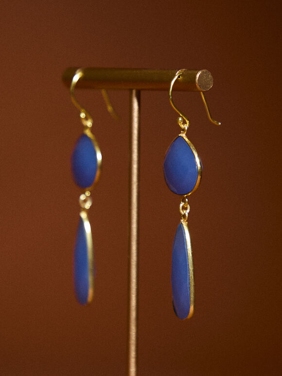 Gold Tone Blue Stone Drop Earrings, Blue, large