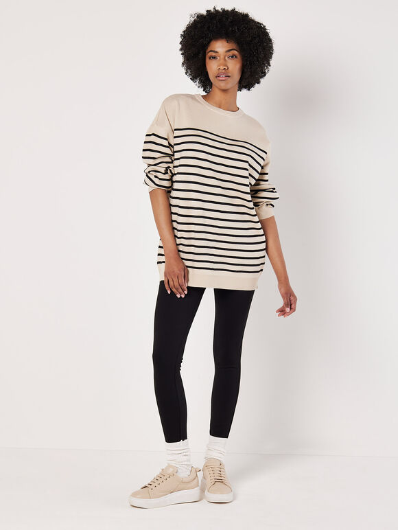 Stripe Rib Knit Longline Jumper, Stone, large
