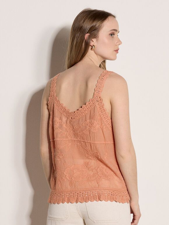 Floral Embroidery Crochet Cotton Top, Peach, large