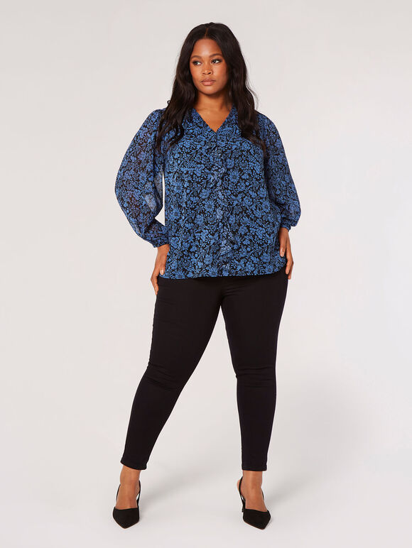 Curve Rüschenbluse mit floraler Silhouette, Blau, Größe L