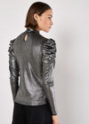 Metallic Foil Ruched Shoulder Top, Silver, large