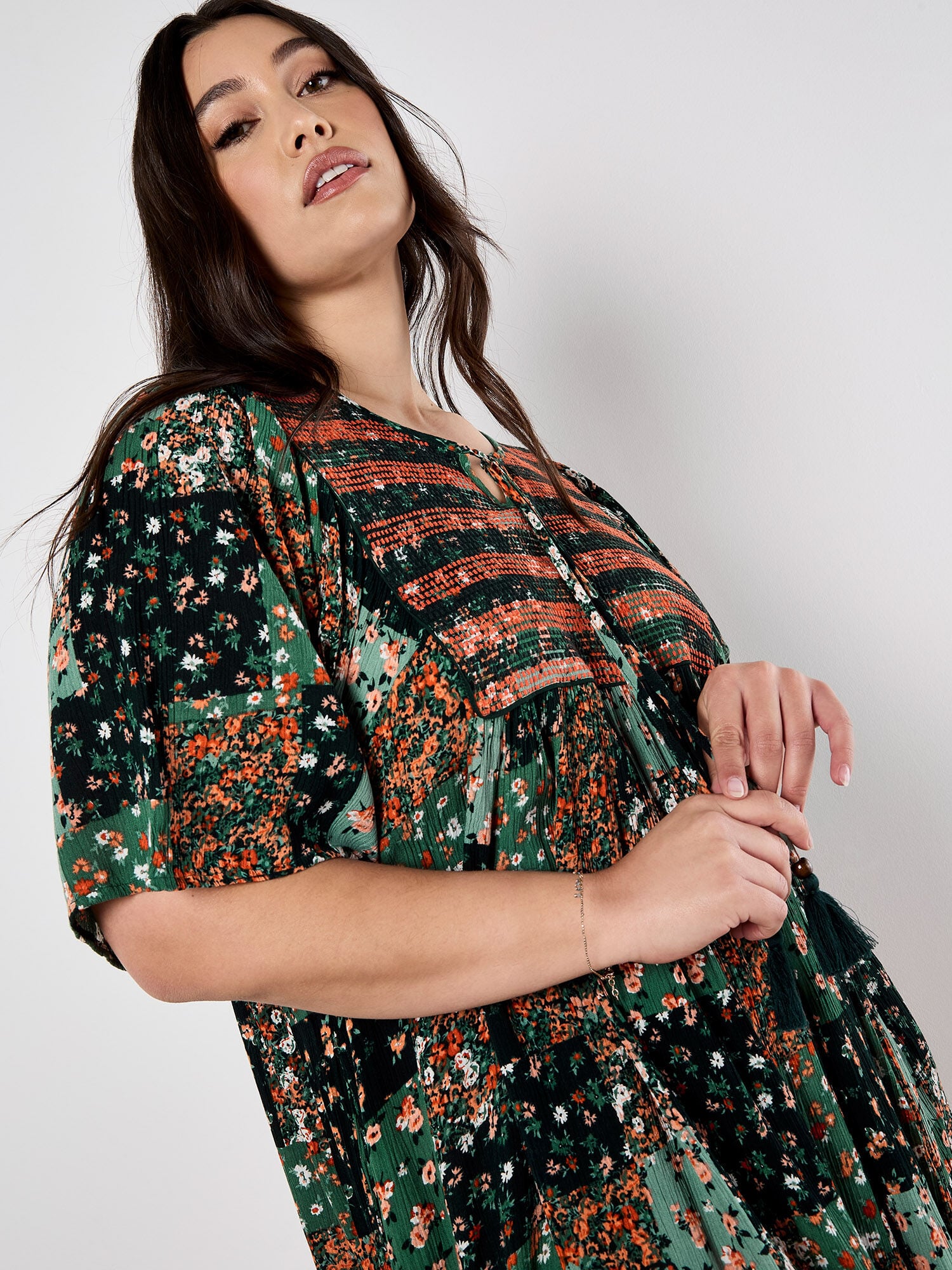Patchwork Print Crinkle Mini Dress | Apricot Clothing