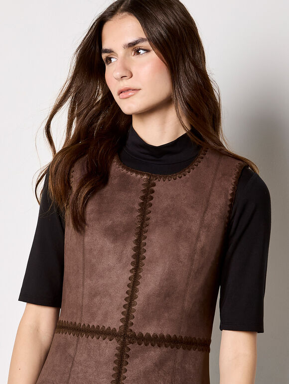 Stitch Detail Suedette Mini Dress, Brown, large