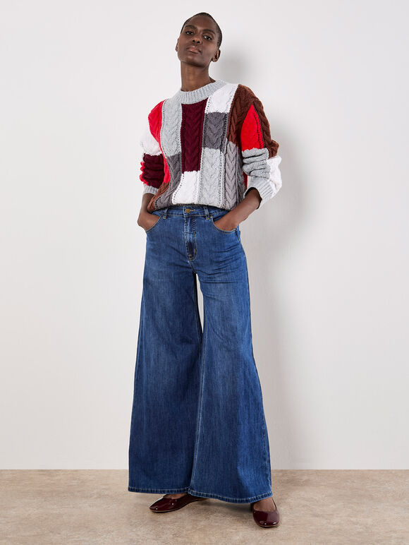 Colour Block Chunky Knit Cable Jumper, Grey, large
