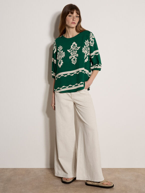 Folk Floral Blouse, Green, large