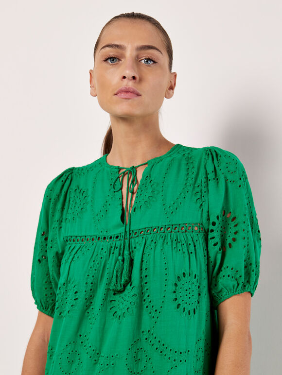 Robe midi à plusieurs niveaux en broderie de coton, Vert, grand