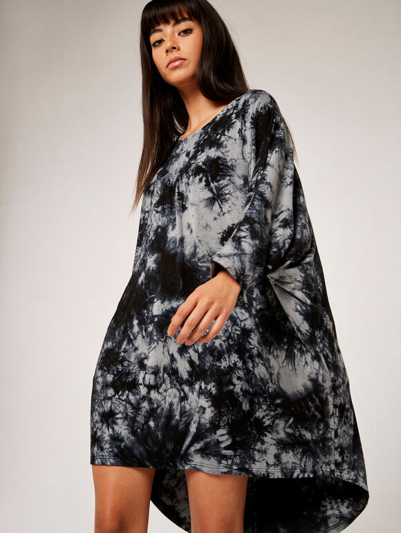 Tie Dye Oversized Dress, Dark Grey - Charcoal, large