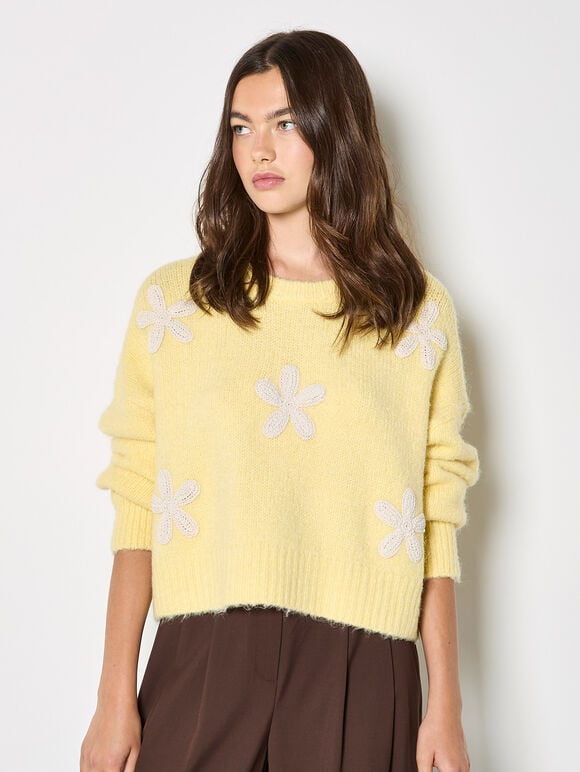 Daisy Applique Chunky Knit Jumper, Yellow, large