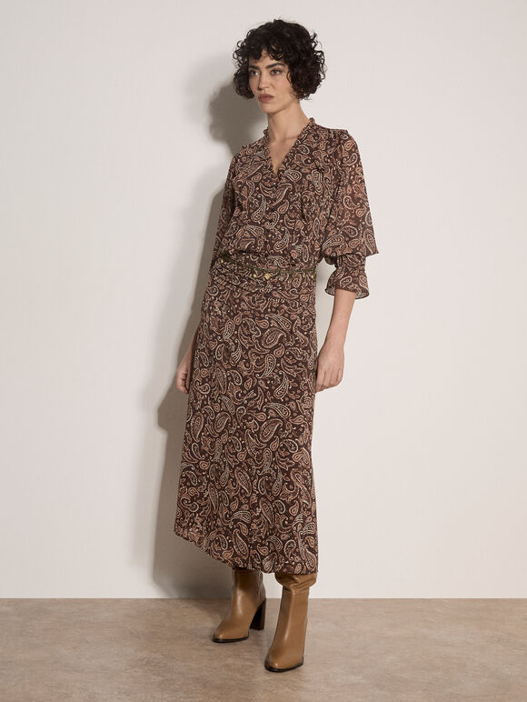 Paisley Chiffon Ruffle Blouse, Brown, large