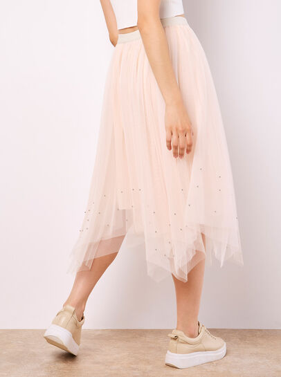 Pearl Embellished Tulle Midi Skirt