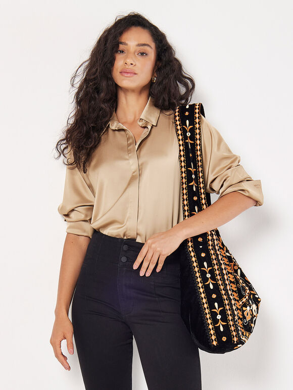 Oversized Satin Shirt, Cream, large