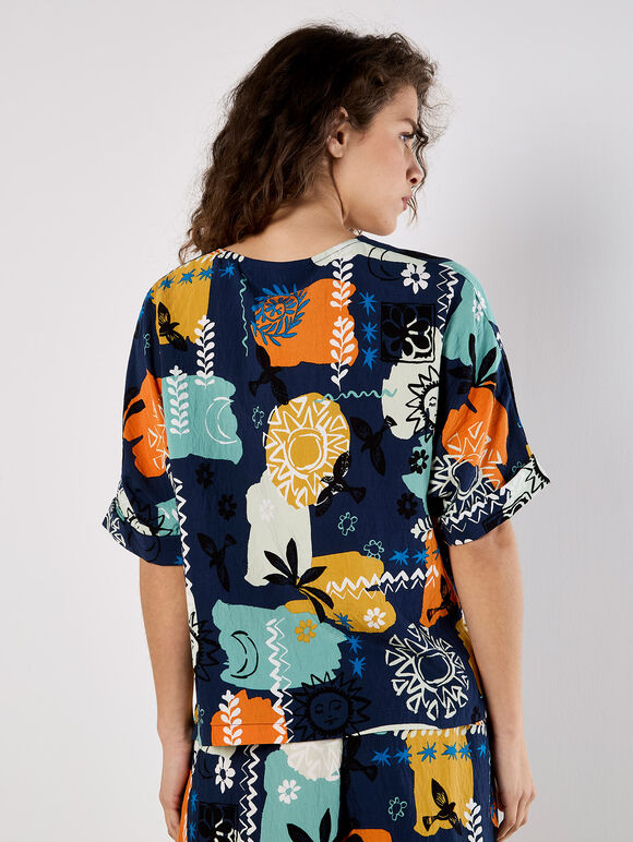 Colourful Sketch Print Top, Navy, large