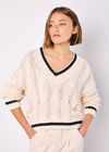 Cropped Cable Cricket Jumper, Stone, large