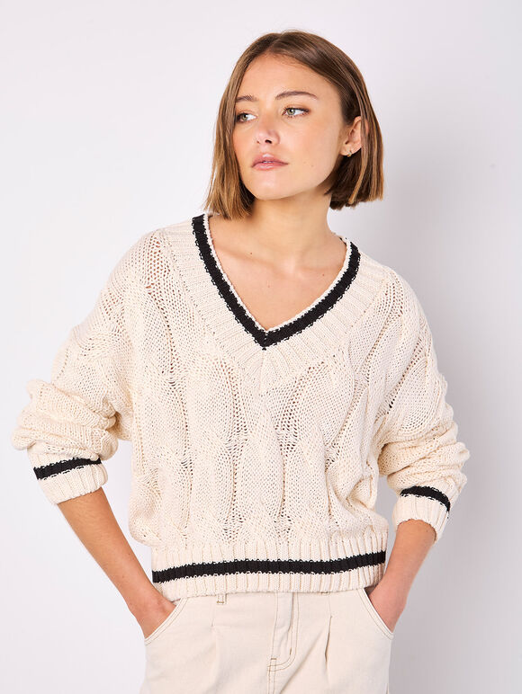 Cropped Cable Cricket Jumper, Stone, large