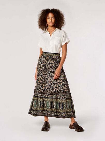 Sarasa Floral Border Maxi Skirt