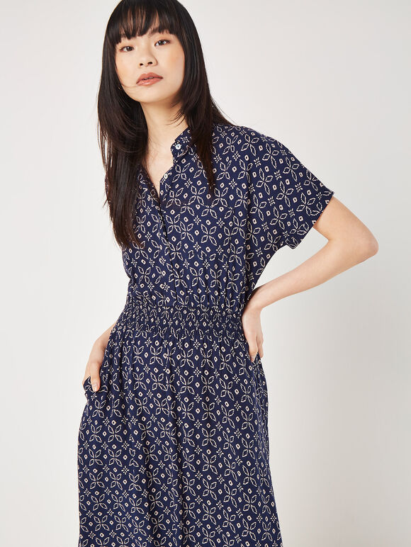 Batik Tile Shirt Midi Dress, Navy, large