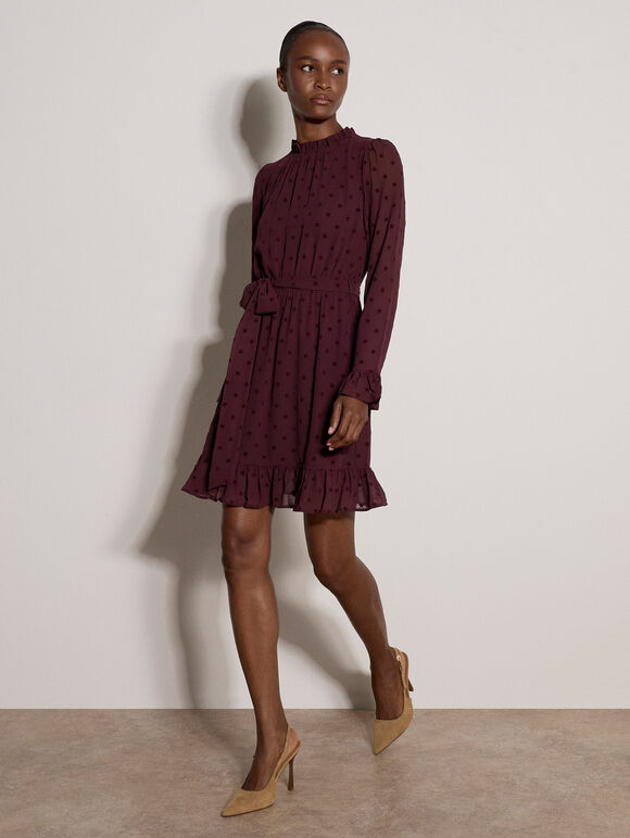 Flocked Star Crepe Mini Dress, Plum, large