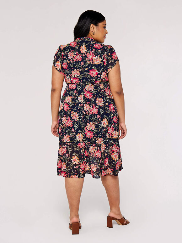 Curve Floral Wrap Midi Dress, Navy, large