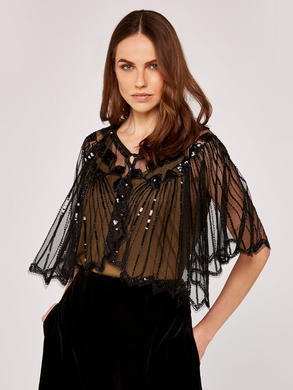 Sequin Mesh Cape Top, Black, large