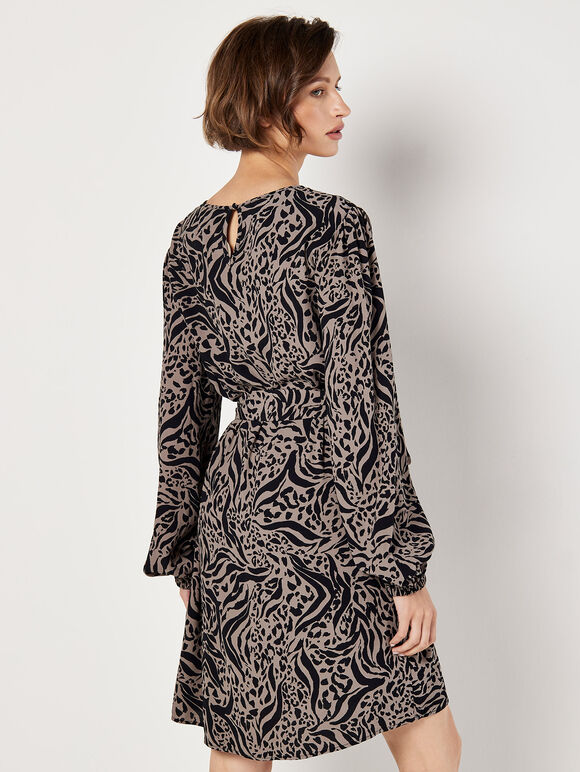 Mixed Animal Print Shift Mini Dress, Grey, large