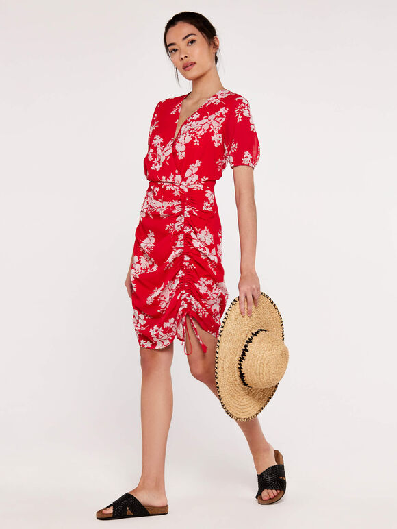 Floral Ruched Front Dress, Red, large