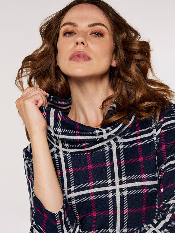 Checked Cowl Neck Dress, Navy, large