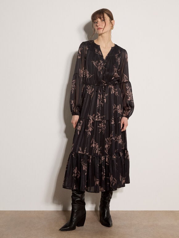 Metallic Shimmer Floral Silhouette Midi Dress, Black, large