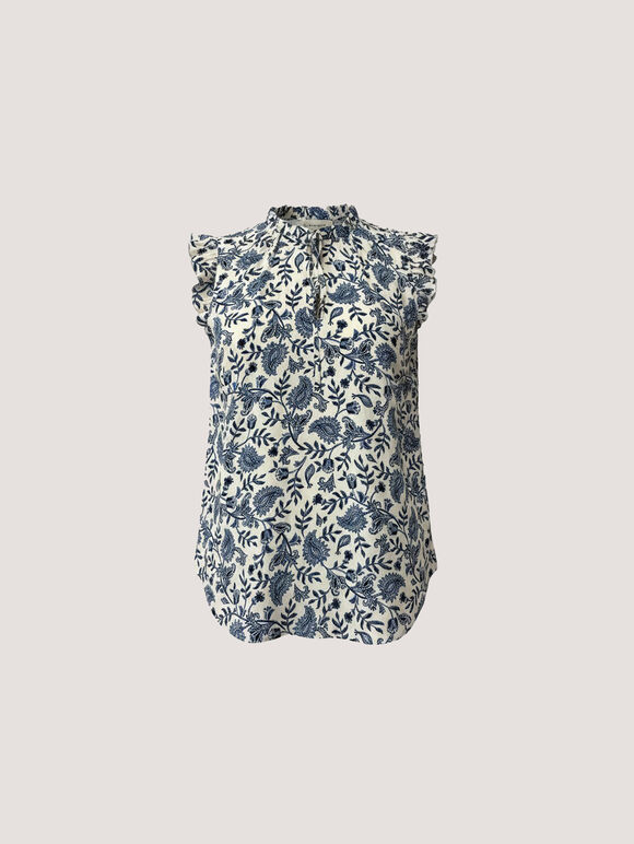 Painterly Paisley Ruffle Top, Cream, large