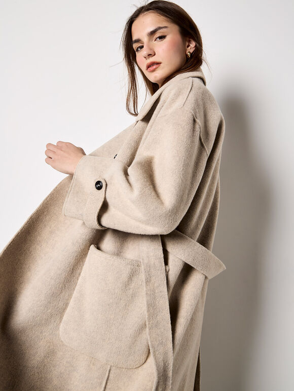 Soft-Touch Long Trench Coat, Stone, large