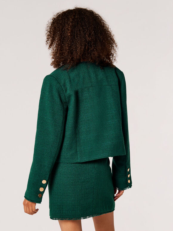 Tweed Cropped Fringe Jacket, Green, large