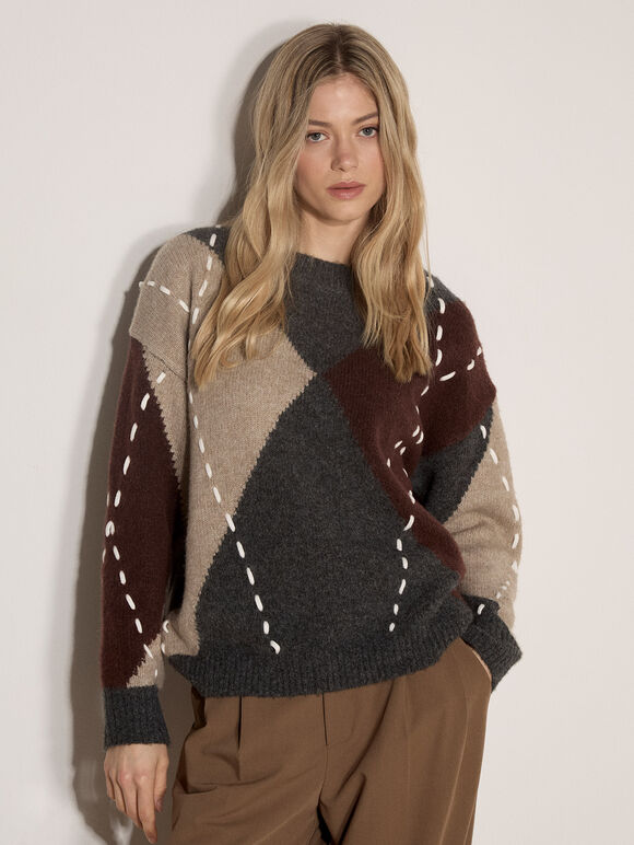 Argyle Diamond Colour Block Jumper, Dark Grey/Charcoal, large