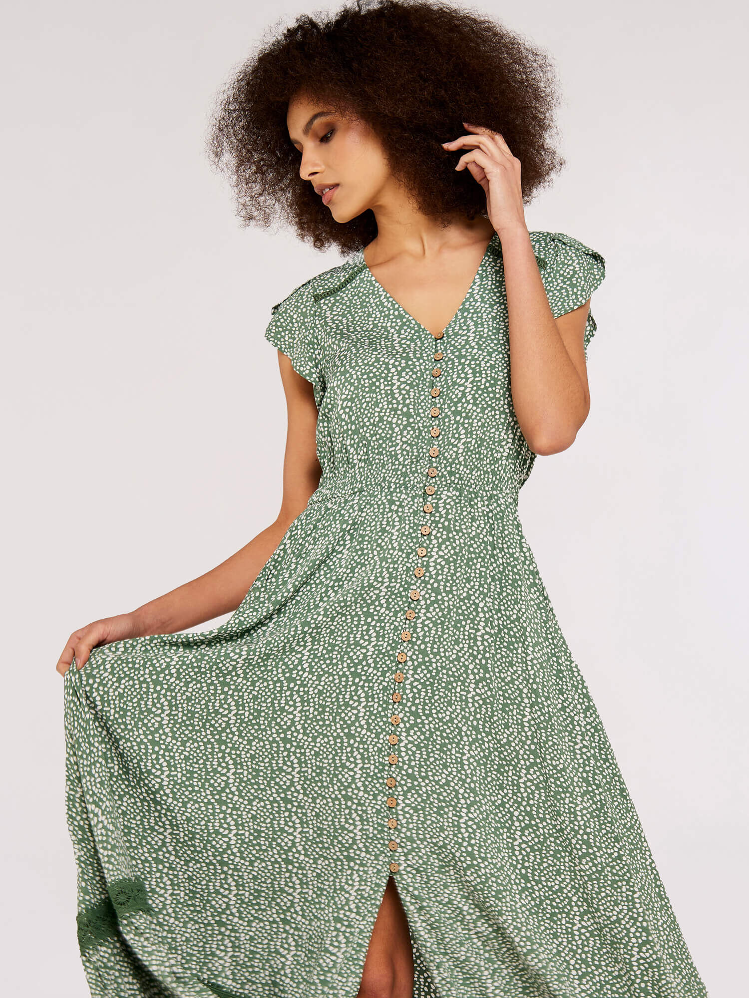 Vintage 1970's Olive Green Midi Dress Ruffle Collar 16