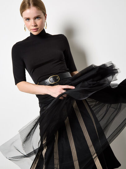 Reversible Tulle Stripe Knit Midi Skirt
