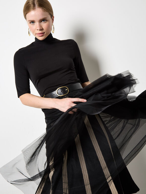 Reversible Tulle Stripe Knit Midi Skirt, Black, large