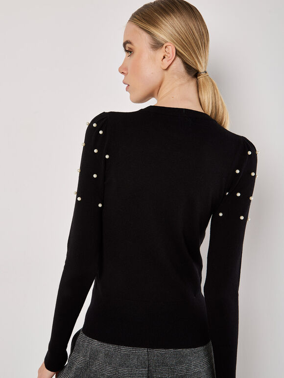 Pearl Embellished Fine Knit Jumper, Black, large