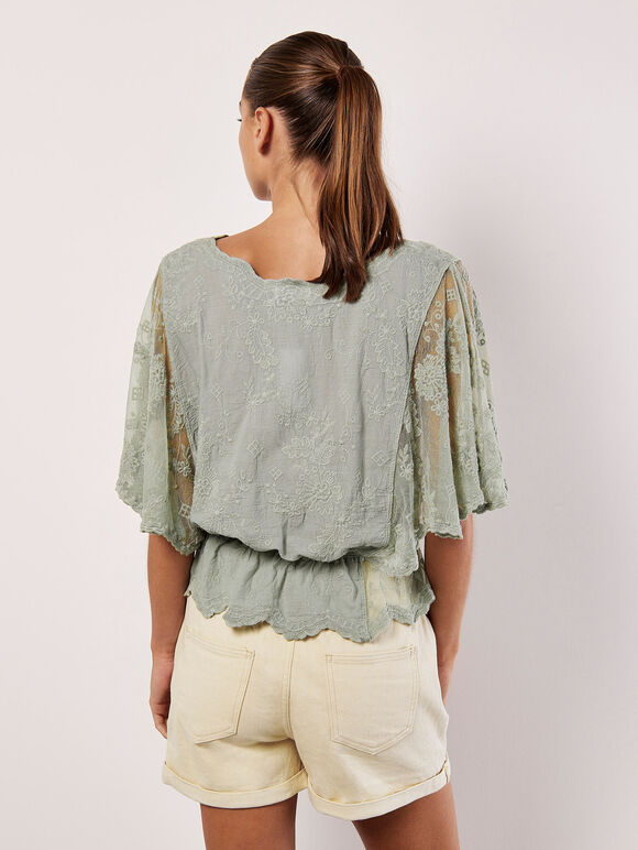 Floral Broderie Batwing Top, Mint, large