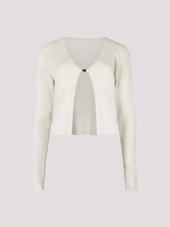 Ribbed Knit Front Clip Cardigan, Cream, large